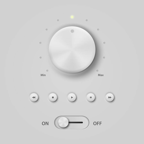 Realistic White Plastic Panel Media Audio Player with Knob, Control, Buttons, Set. Design Template of Circular Processing, Power Volume Playback, On and Off, Start, Power Push-Button. Stock Vector - Vettoriali, immagini