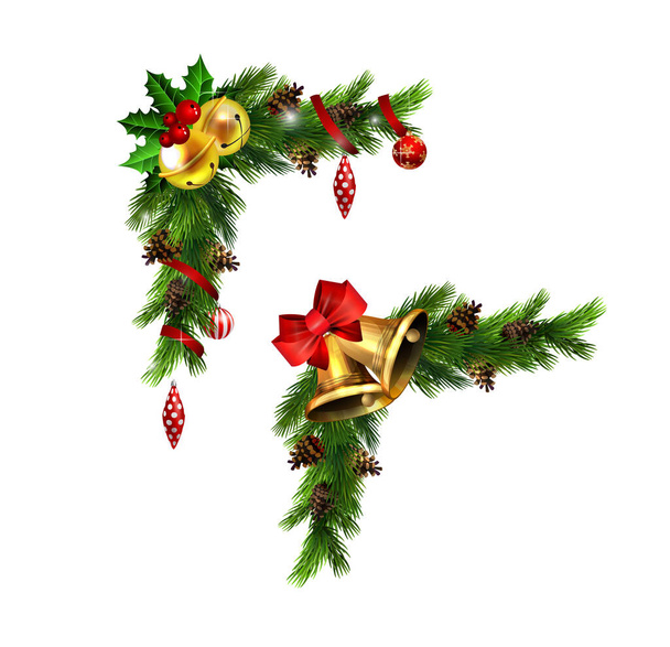 Decoraciones navideñas con campanas de jingle dorado de abeto
 - Vector, imagen
