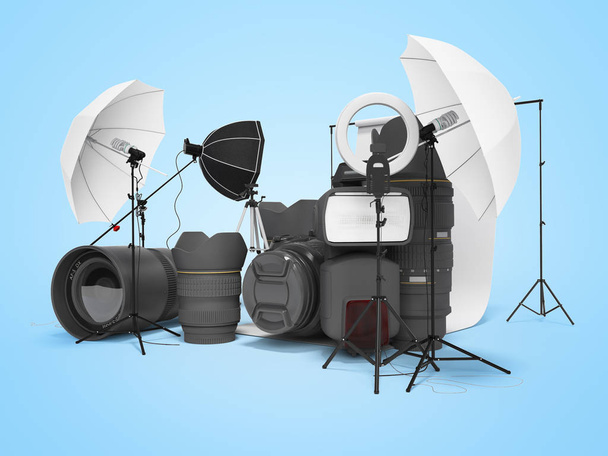 Konzept der Studioausstattung Softboxen Foto Regenschirm Fotokamera Fotolinse Ringlicht 3d Rendering auf blauem Hintergrund mit Schatten - Foto, Bild