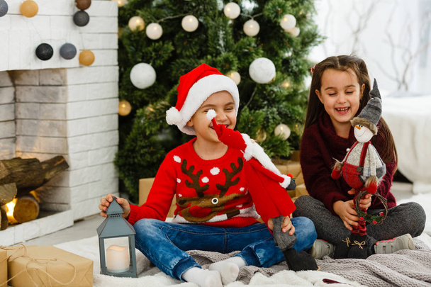 Fratello e sorella seduti vicino a un bellissimo albero di Natale a casa
 - Foto, immagini