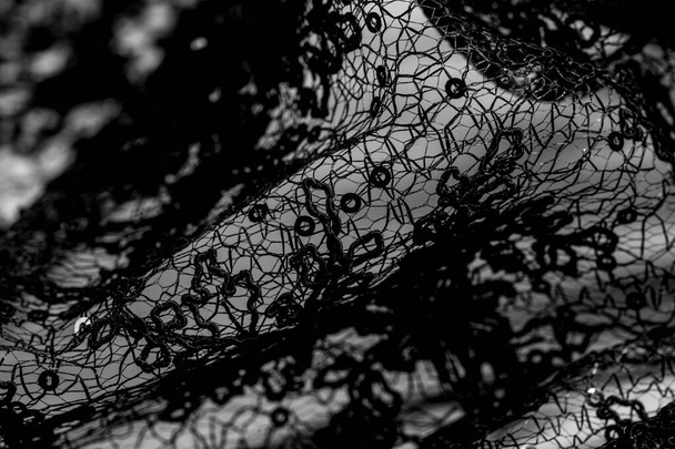 Υφή, μοτίβο, δαντέλα ύφασμα σε μαύρο χρώμα σε λευκό φόντο. Th - Φωτογραφία, εικόνα