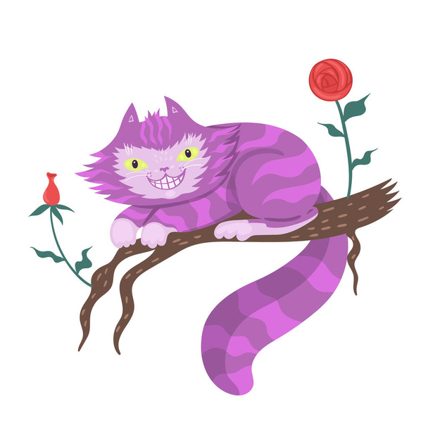 Cheshire cat on a branch Isolated on a white background. Vector graphics. - Vector, Image