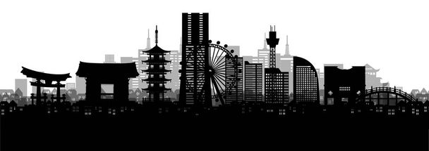 Vista panorámica de la silueta del horizonte de la ciudad de Yokohama con monumentos de fama mundial de Japón. Ilustración vectorial
. - Vector, Imagen