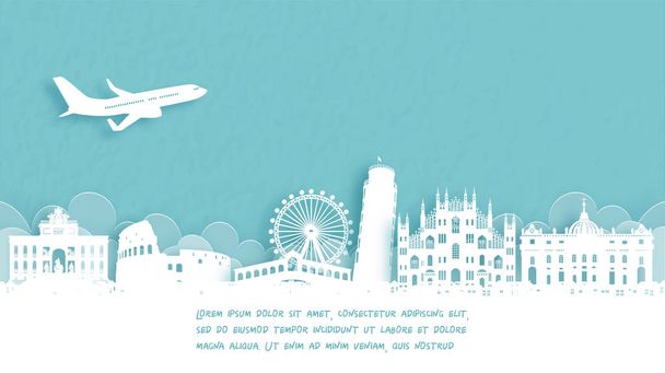 Cartel de viaje con Bienvenido a Italia famoso hito en papel corte estilo vector ilustración
. - Vector, imagen