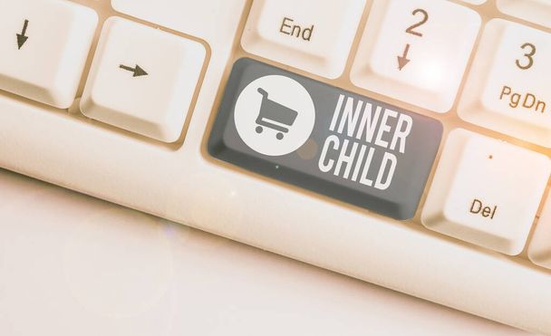 Writing note showing Inner Child. Business photo showcasing the childlike usually hidden part of a demonstrating s is demonstratingality White pc keyboard with note paper above the white background. - Photo, Image