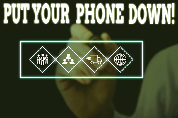 Word writing text Put Your Phone Down. Business concept for end telephone connection saying goodbye caller Picture photo system network scheme modern technology smart device. - Photo, Image