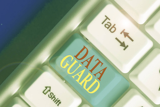Conceptual hand writing showing Data Guard. Business photo showcasing analysisage databases to survive disasters and data corruptions. - 写真・画像