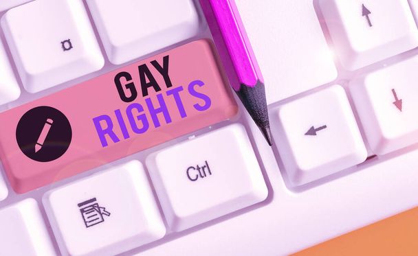 Writing note showing Gay Rights. Business photo showcasing equal civil and social rights for homosexuals individuals. - Photo, Image