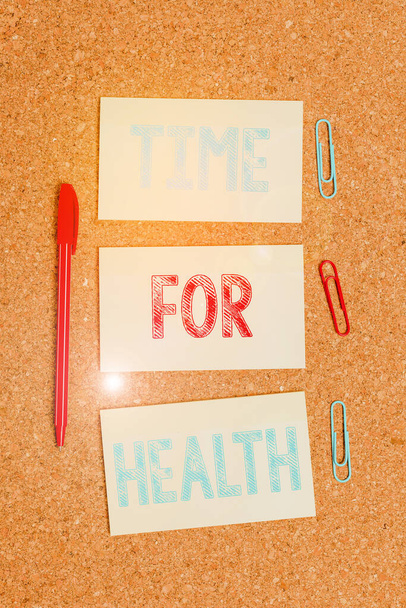 Writing note showing Time For Health. Business photo showcasing encouraging someone to start eating healthy food do sport Empty sticker reminder memo billboard corkboard desk paper. - Photo, Image