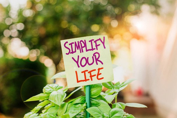 Handwriting text writing Simplify Your Life. Concept meaning Manage your day work Take the easy way Organize Plain empty paper attached to a stick and placed in the green leafy plants. - Photo, Image