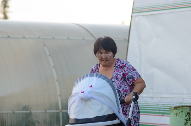 Anciana cansada Yakut lleva un cochecito con un niño en el fondo de invernaderos con plantas en el jardín
. - Foto, Imagen