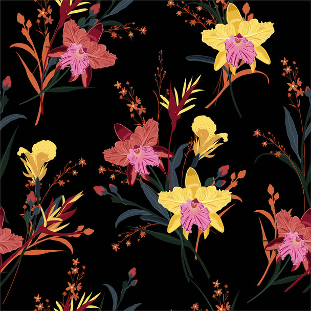 Beautiful of Orchids Floral in the garden night seamless pattern - Vektör, Görsel