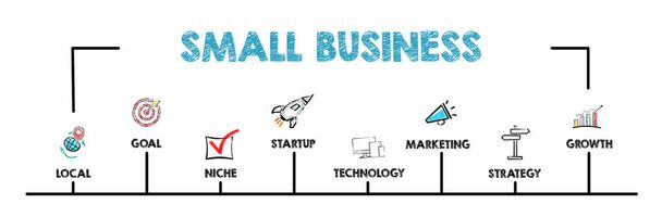A Small Business koncepcióját. Kulcsszavakkal és ikonokkal rendelkező diagram - Fotó, kép