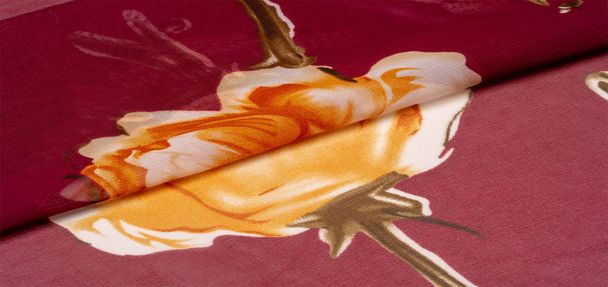 Textúra, háttér, bordó selyem szövet rózsaszín virágos pri - Fotó, kép
