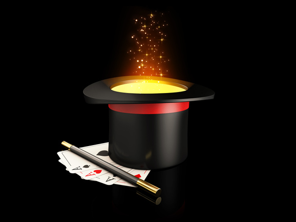 3d Rendering of Magic Hat With Shine, Magic wand and play cards - Photo, Image