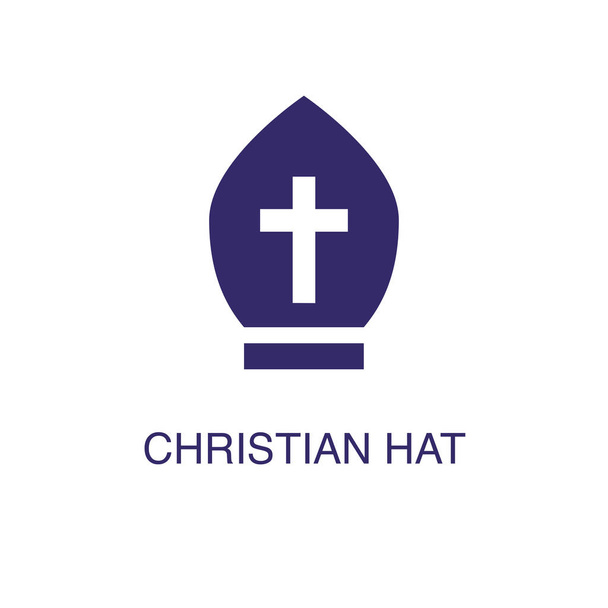 Chirstian kalapelem lapos egyszerű stílusban, fehér háttérrel. Chirstian hat ikon, szövegnév koncepció sablonnal - Vektor, kép