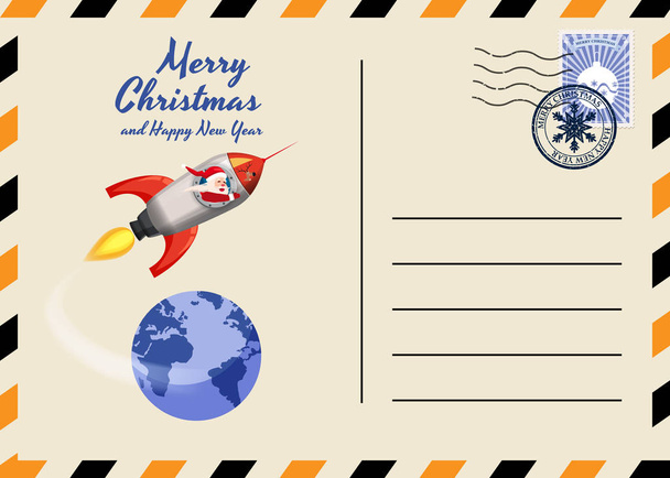 Χριστουγεννιάτικη και Πρωτοχρονιάτικη Κάρτα με γραμματόσημα και σήμα. Ο πύραυλος Άγιος Βασίλης πετάει μέσα από τον νυχτερινό ουρανό πάνω από τη Γη. Επίπεδη εικονογράφηση διάνυσμα στυλ κινουμένων σχεδίων αφίσα - Διάνυσμα, εικόνα