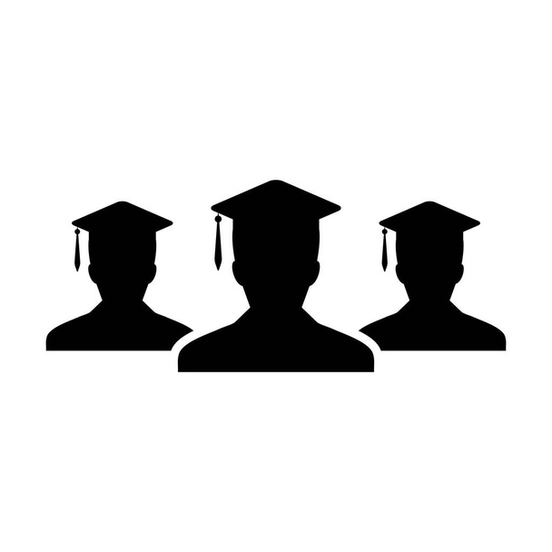 学生の研究アイコンベクトル男性グループフラットカラーグリフピクトグラムイラストで学校、大学や大学の卒業度のためのモルタルボードの帽子のシンボルを持つ人のプロフィールアバター - ベクター画像