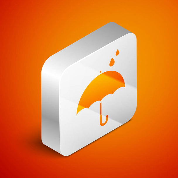 Isometric Umbrella and rain drops icon isolated on orange background. Waterproof icon. Protection, safety, security concept. Water resistant symbol. Silver square button. Vector Illustration - Vector, Image
