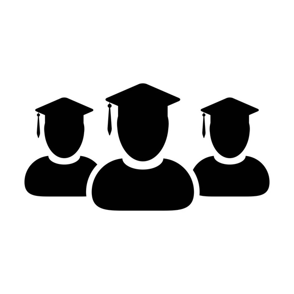 Icono de conocimiento vector grupo masculino de estudiantes avatar perfil de persona con símbolo de sombrero de tablero de mortero para la escuela, universidad y grado de graduación universitaria en ilustración de pictograma de glifo de color plano
 - Vector, Imagen