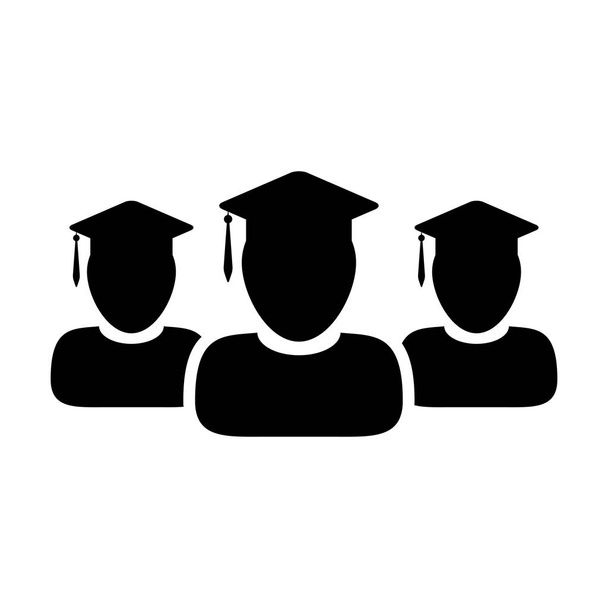 Icono de aprendizaje vector grupo masculino de estudiantes avatar perfil de persona con símbolo de sombrero de tablero de mortero para la escuela, universidad y grado de graduación universitaria en ilustración de pictograma de glifo de color plano
 - Vector, Imagen