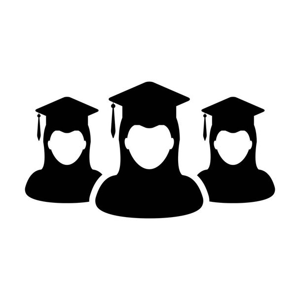 Icono del diploma vector grupo femenino de estudiantes avatar perfil de persona con símbolo de sombrero de mortero para la escuela, universidad y grado universitario en ilustración de pictograma de glifo de color plano
 - Vector, Imagen