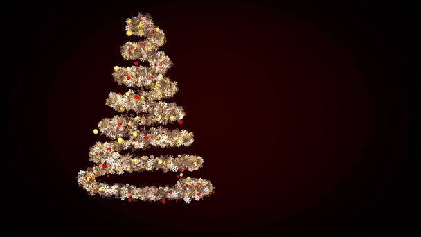 子供のおもちゃや雪の結晶のガーランドと抽象的なクリスマスツリーの形に魅力的な黄金の光。アニメーション。黒の背景に新年のスプルースを回転. - 写真・画像