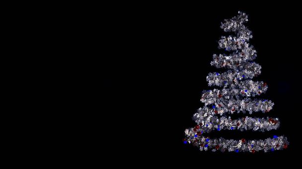 abstrakte Weihnachtsbäume aus spiralförmiger Linie mit leuchtenden Girlanden, Winterurlaubskonzept. Animation. Schöne Fichten mit Neujahrsspielzeug und Schneeflocken. - Foto, Bild