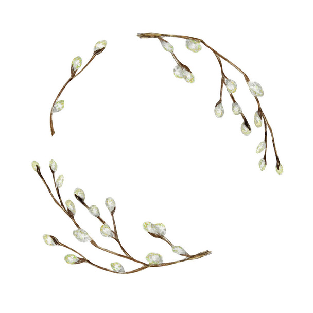 Watercolor tree pussy willow branch set. Spring wreath Hand drawn Frame, illustration. Halloween border. Isolated design element for invitations, greeting card, poster, print or label. - Photo, Image