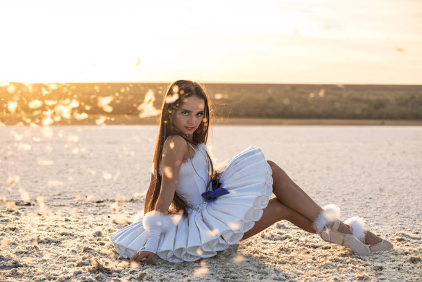 Tender young ballerina dancer in a snow-white tutu dress and white pointe shoes on a salty dried lake. Fantastic landscape and a girl  ballerina - Foto, Imagen