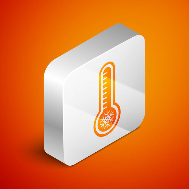 Isometric Meteorology thermometer measuring heat and cold icon isolated on orange background. Thermometer equipment showing hot or cold weather. Silver square button. Vector Illustration - Vector, Image