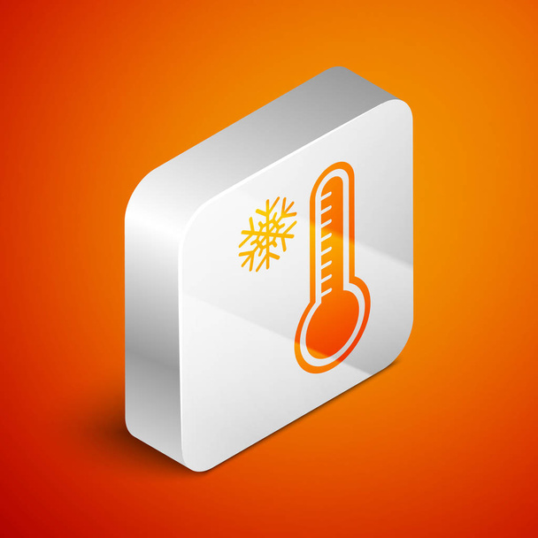 Ισομετρική Μετεωρολογία θερμόμετρο μέτρησης θερμότητας και κρύο εικονίδιο απομονώνονται σε πορτοκαλί φόντο. Θερμομετρικό εξοπλισμό που δείχνει ζεστό ή κρύο καιρό. Ασημένιο τετράγωνο κουμπί. Εικονογράφηση διανύσματος - Διάνυσμα, εικόνα