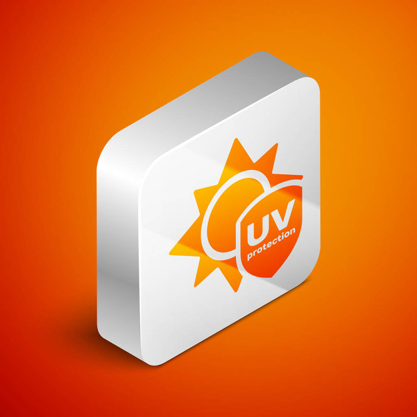 Icona di protezione UV isometrica isolata su sfondo arancione. Sole e scudo. Radiazioni ultraviolette. Segno solare SPF. Pulsante quadrato argento. Illustrazione vettoriale
 - Vettoriali, immagini
