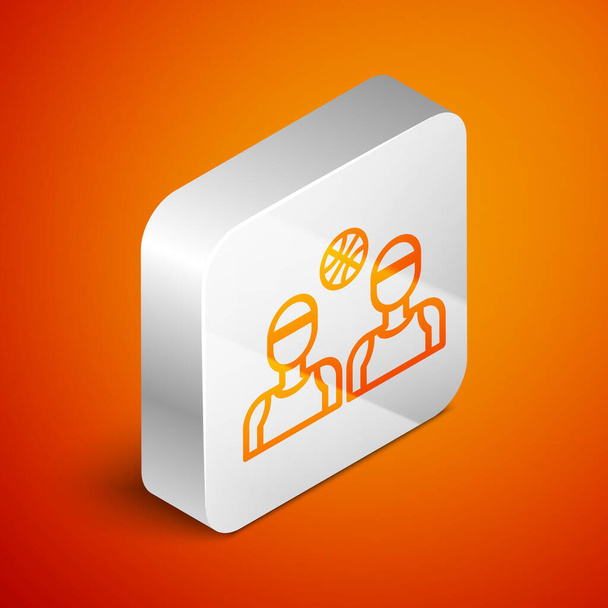 Izometrické basketbalisté ikona izolované na oranžovém pozadí. Stříbrný knoflík. Vektorová ilustrace - Vektor, obrázek