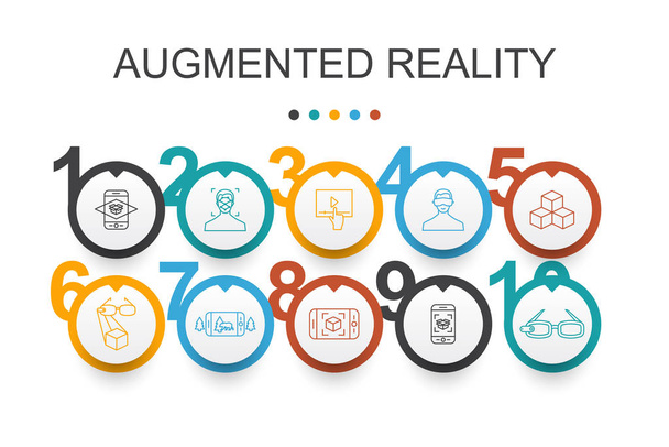 Bővített valóság infographic tervezősablon. Arcfelismerés, AR app, AR játék, virtuális valóság egyszerű ikonok - Vektor, kép