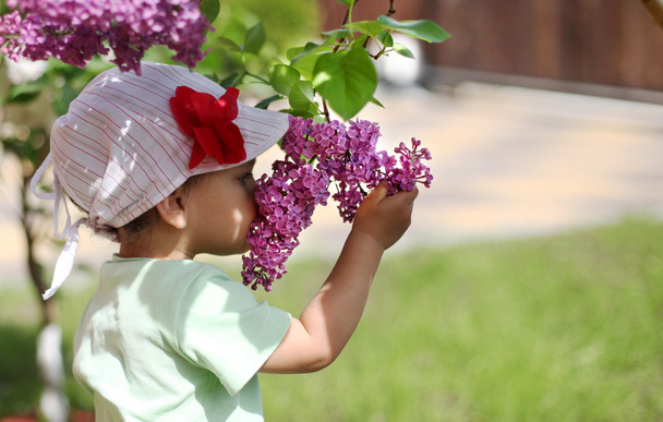 Baby girl sniffing lilac. - Photo, image
