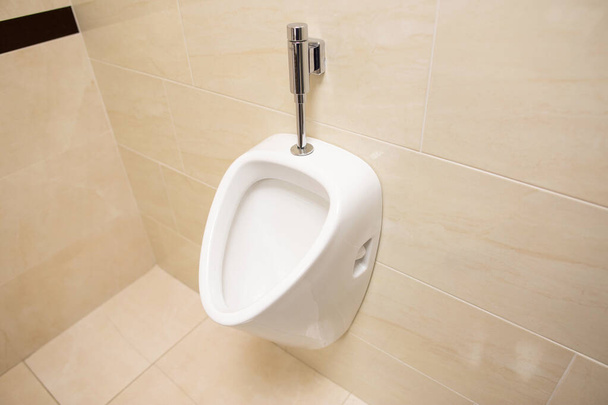 Modern stylish male urinal on the wall. Beautiful brown ceramic tile, copy space - Φωτογραφία, εικόνα