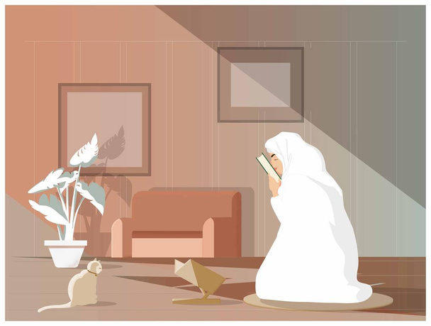Vector illustration of young Muslim girl kisses the Quran or Koran after study Islam. Traditional Muslims always studying or learn Islam following the tradition of Muhammad.Concept of Modern Muslim.  - Vector, Image