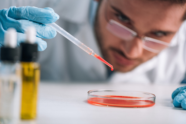 免疫学者が研究室で赤い液体のピペットを持ち  - 写真・画像
