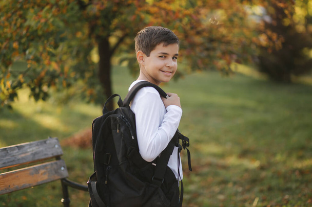 Cute teenage boy with backpack stand in the park and wait for friends. Golden autumn. Schoolboy - Photo, Image