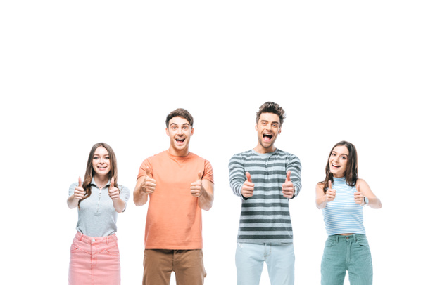 excited friends screaming and showing thumbs up isolated on white  - Fotoğraf, Görsel