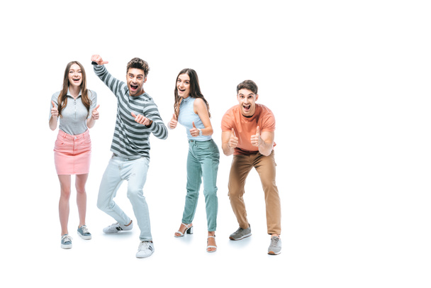 excited friends screaming and showing thumbs up isolated on white  - Φωτογραφία, εικόνα