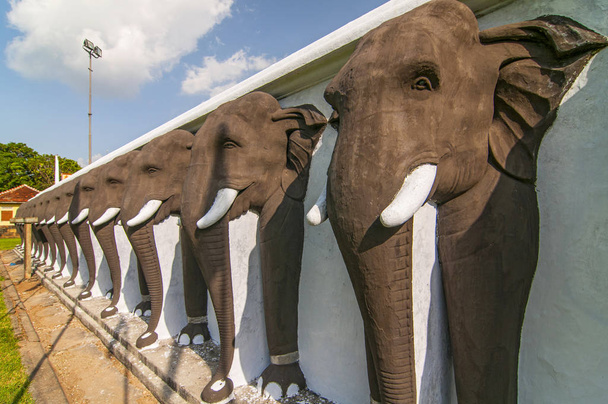 Una fila infinita di elefanti scolpiti protegge la Ruwanwelisaya Stupa nella sacra città di Anuradhapura nello Sri Lanka
. - Foto, immagini