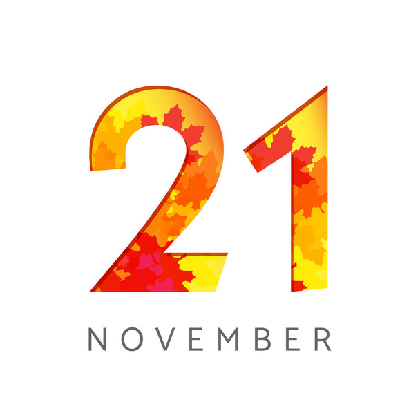 21 st of November calendar numbers. 21 years old autumn logotype. Anniversary digits with leaves. Isolated abstract graphic design template. White background. Up to 21% percent off creative discount. - Vector, Image
