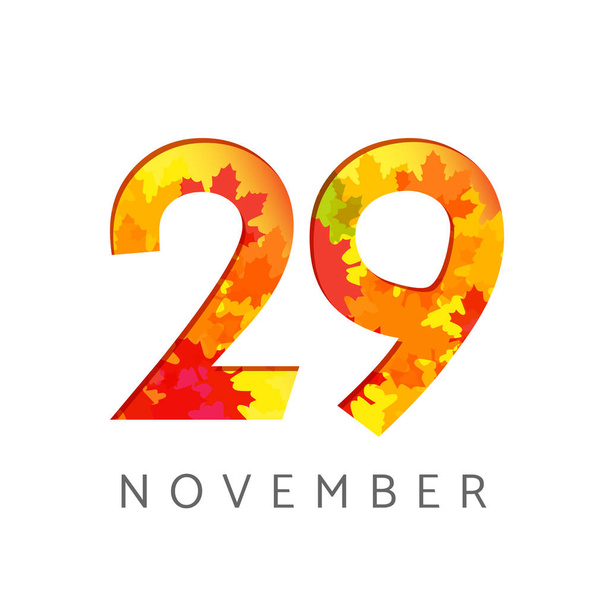 29 th of November calendar numbers. 29 years old autumn logotype. Anniversary digits with leaves. Isolated abstract graphic design template. White background. Up to 29% percent off creative discount. - Vector, Image