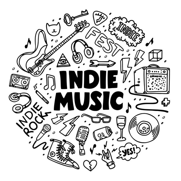 Indie rock circle composition. Black and white illustration of music related objects such as guitar, sound amplifier, rock inscriptions. Template for tattoo list, card, poster, t-shirt print, pin - Vector, Image