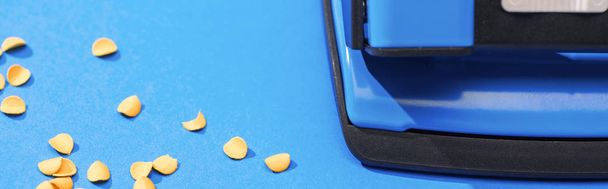 panoramic shot of holepunch with paper circles on blue background  - Photo, Image