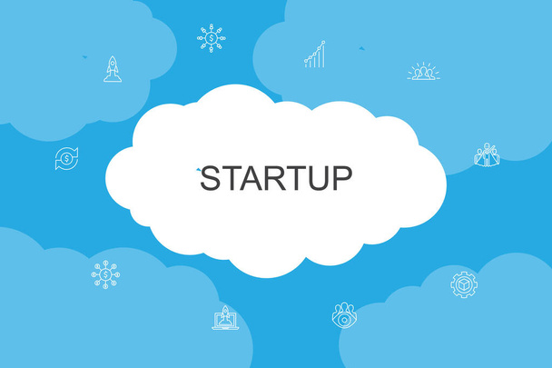Startup Infographic cloud design template.Crowdfunding, Business Launch, Κίνητρο, Ανάπτυξη προϊόντων απλά εικονίδια - Διάνυσμα, εικόνα