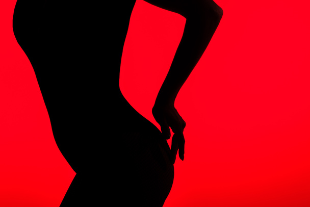 černá silueta krásné hýždě svůdné dívky, izolované na červené - Fotografie, Obrázek