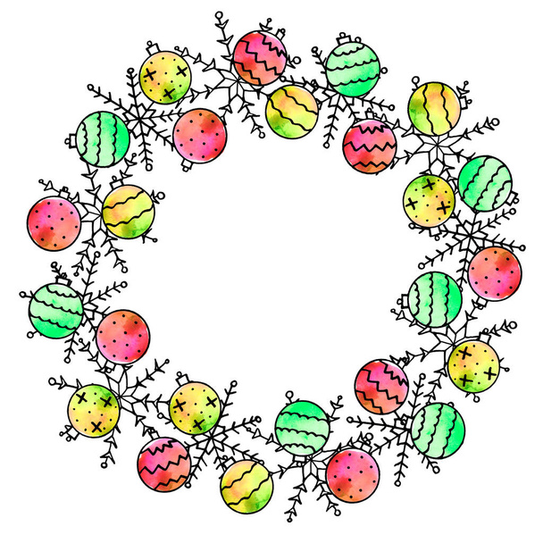 Xmas and new year simple wreath of snowflakes. For greeting card: Merry Christmas. Background for winter holidays. Doodle cartoon illustration. - Foto, Imagem